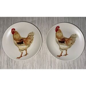 222 Fifth Rooster Farm Animal Salad Plates 8" Set‎ Of 2 Porcelain